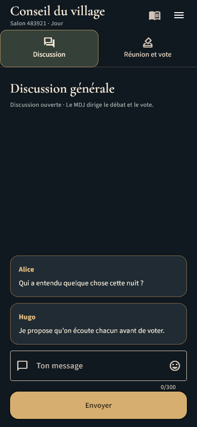 Conseil du village : discussion entre les joueurs pendant le jour