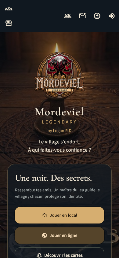Écran d’accueil réel de l’application avec les choix de partie