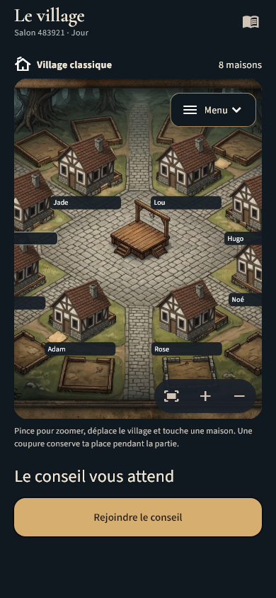 Interface du village avec les maisons des joueurs et le menu de partie